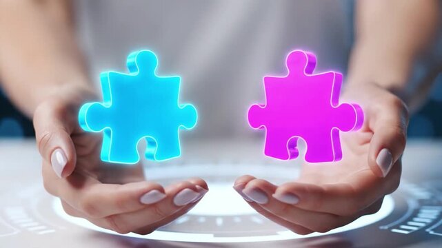 A person creates software by simply connecting two puzzle pieces, representing a low-code or no-code development platform