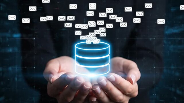 A holographic visualization of automated email delivery from a database server, symbolizing a marketing campaign