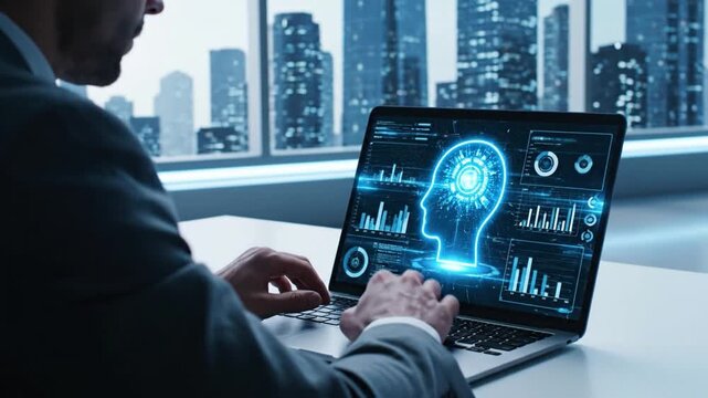 An artificial intelligence assistant analyzes data and generates a business report, showcasing intelligent automation technology and generative AI