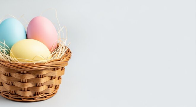 brightly colored easter eggs in wicker basket with straw against neutral background