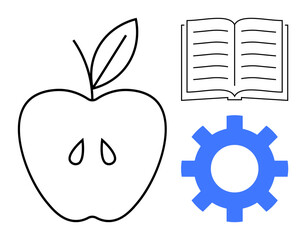 Apple with seeds, open book, and gear representing learning, knowledge, innovation. Ideal for education, technology, creativity progress development science and productivity. Simple flat metaphor