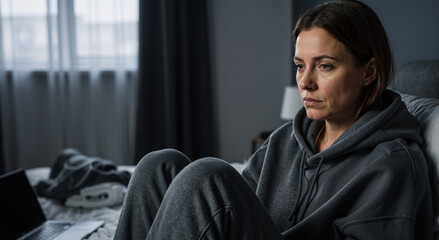 pensive woman in grey hoodie sitting on bed in dimly lit room with contemplative mood