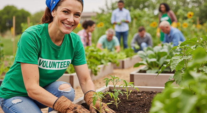 community volunteers planting vegetables in urban garden on a sunny day with teamwork spirit
