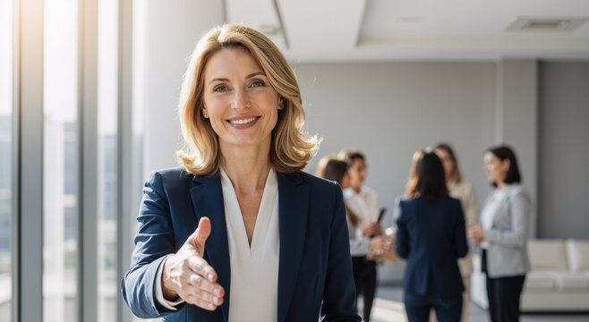 professional woman offering handshake in modern office setting with colleagues in background