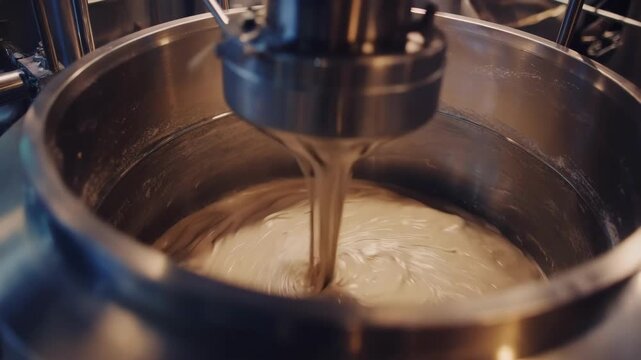 Medium shot of batch anode paste mixing capturing precise measured ingredient addition and thorough agitation for small scale production accuracy