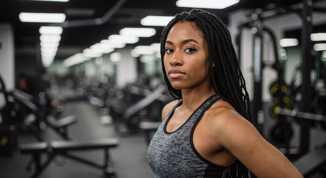 determined woman with braided hair standing confidently in modern gym setting
