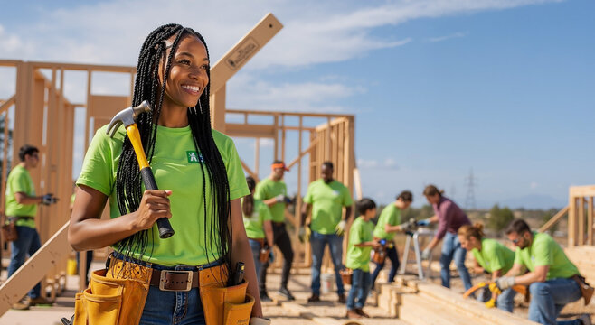 smiling woman with hammer at construction site with diverse team building wooden house