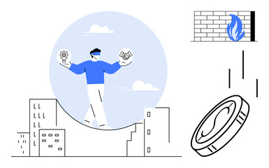 Person balancing with light bulb and handshake icons, surrounded by cityscape, firewall, and falling coin. Ideal for risk management, innovation, partnerships, decision-making, urban planning