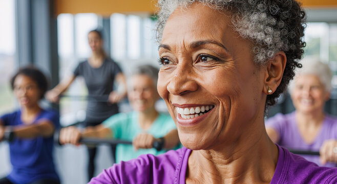 smiling senior woman participating in group exercise class, promoting healthy lifestyle and fitness - Powered by Adobe