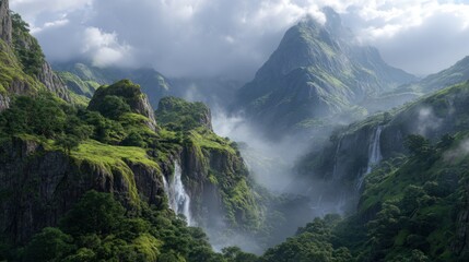 Gentle mist envelops a green valley revealing towering mountains and cascading waterfalls in the early morning light.