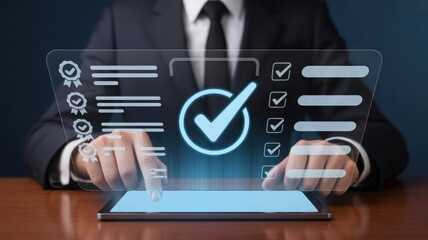 Businessman using tablet with check mark interface, highlighting concept of approval and verification