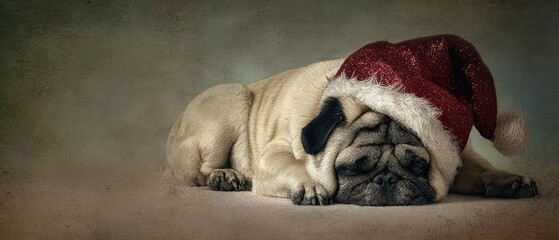 Pug in a Christmas hat resting cozy
