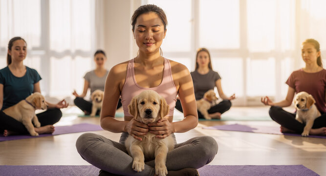 group yoga class for women with Labrador puppies promoting relaxation and mindfulness