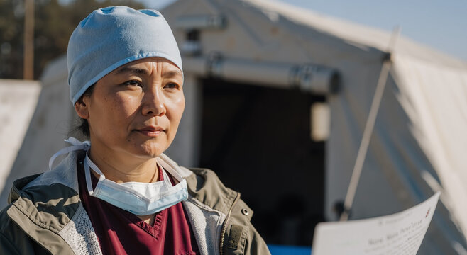 thoughtful healthcare worker in scrubs outside a medical tent on a sunny day