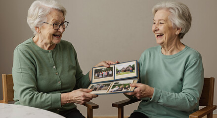 two elderly women enjoying a photo album together and sharing memories with laughter