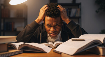 frustrated student studying late night with open books feeling overwhelmed by workload