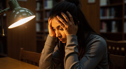 young woman stressed out studying late night in library under lamp light