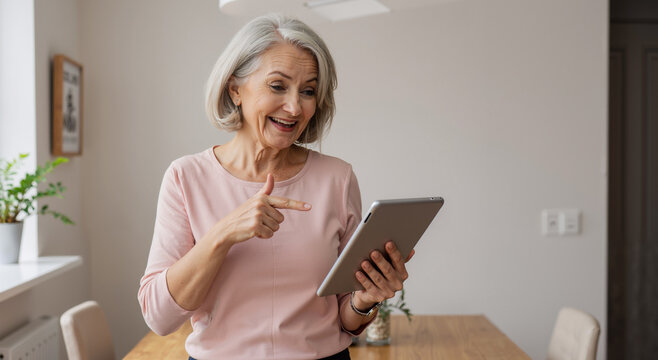 cheerful elderly woman using digital tablet in a modern home interior