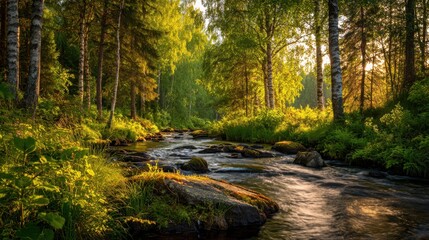 Obraz premium Sunlight filters through lush leaves over a peaceful stream with gentle ripples and rocks.