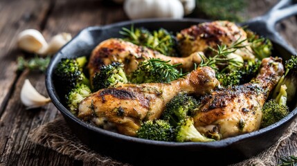 Crispy chicken drumsticks are baked to perfection and served with vibrant roasted broccoli.
