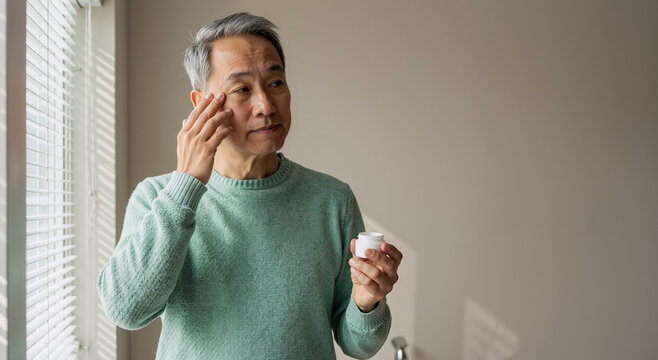 elderly asian man applying facial cream in bright minimalistic interior with natural light