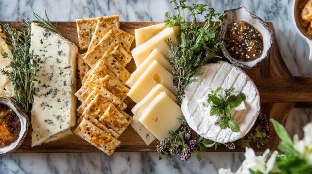 A beautiful cheese platter features various cheeses herbs and crunchy crackers arranged artfully.