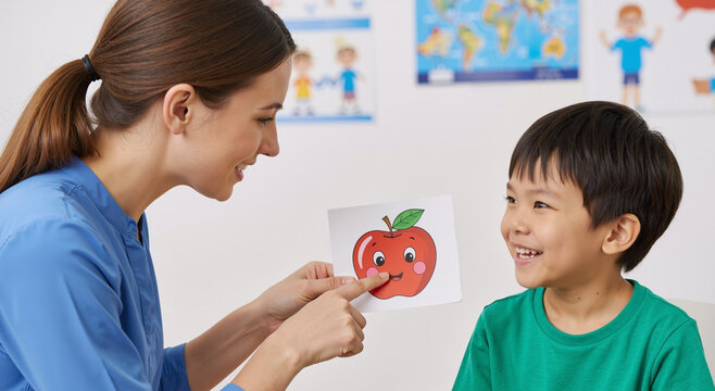 teacher showing apple picture to smiling child in classroom for educational learning activity - Powered by Adobe