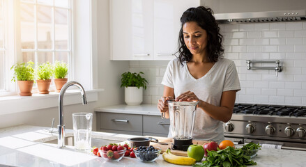 woman blending fresh fruits and vegetables in a bright kitchen for a healthy lifestyle