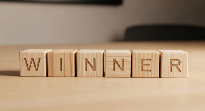 Achieve ultimate success with these winning wooden letter blocks spelling WINNER and signifying triumph and accomplishment.