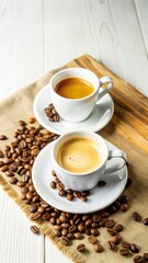 Obraz premium Dark wooden table with two cups of espresso and coffee beans arranged around it