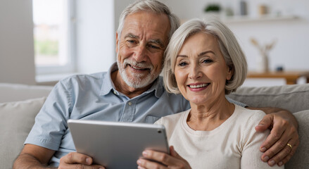 happy elderly couple using tablet for video call in cozy living room, expressing joy and love