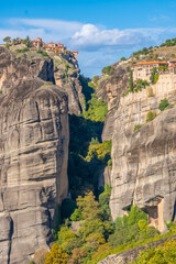 Vertical View of the Holy Monasteries of the Transfiguration (Great Meteoron) and Varlaam, Separated by a Deep Gorge in Meteora, Thessaly, Greece