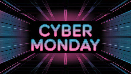 Cyber monday sale promotion with neon light effect on dark background for online shopping discount event concept