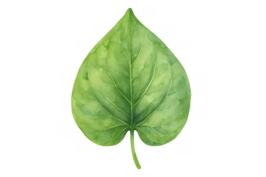 Green heart-shaped leaf watercolor art illustration with detailed veins, a botanical element on transparent background