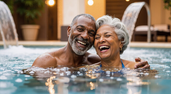 african american elderly couple enjoying joyful moments in a luxurious swimming pool - Powered by Adobe