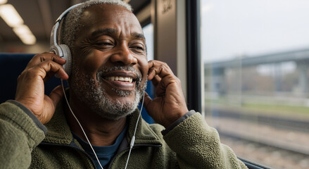 elderly black man enjoying music with headphones on a train journey indoors, feeling relaxed