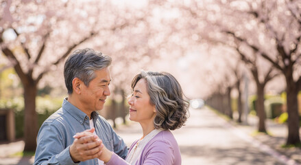Obraz premium elderly couple dancing under cherry blossoms in a serene springtime park