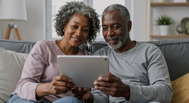 happy senior couple enjoying technology together on sofa in cozy living room
