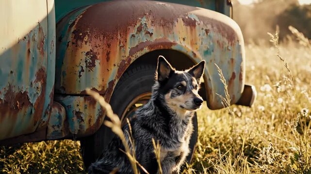 dog breed queensland heeler | A playful dog sits beside a vintage truck, surrounded by tall grass and soft sunlight, capturing a serene moment in nature