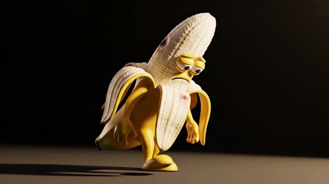 Sad cartoon banana character with bruised skin and peeled peel expressing emotion