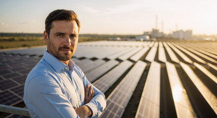 confident man standing by solar panels at sunrise, embracing renewable energy concept