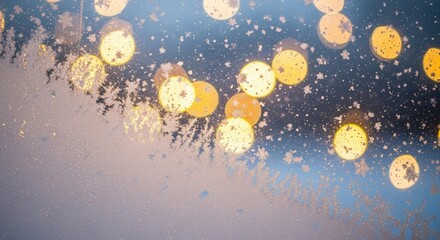 Frosted window with winter bokeh lights and soft pastel colors  