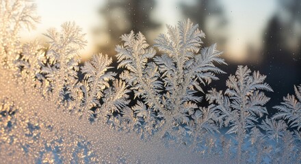 Frost patterns on window glass with sunset background  