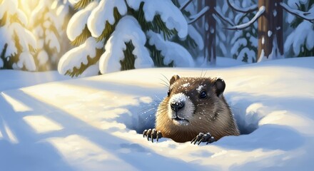 Groundhog peeking out from snowy burrow in winter forest  