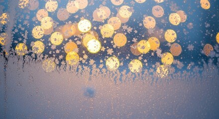Frosted window with blurry lights creating a winter atmosphere  