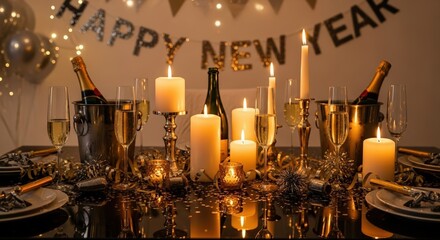 New Year’s Eve table setting with candles and champagne bottles  