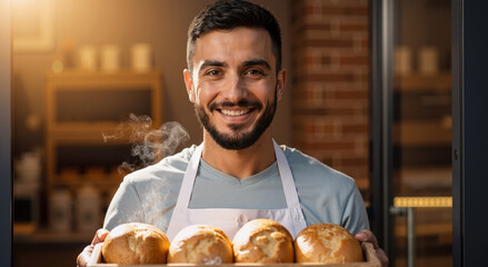 smiling baker holding fresh bread in a warm cozy bakery kitchen with steam rising