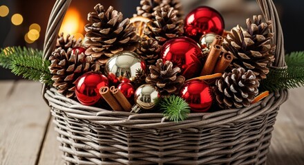 Festive Christmas basket filled with pinecones and ornaments  