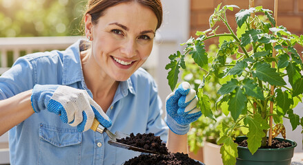 smiling woman in gloves gardening with potted tomato plant on sunny balcony