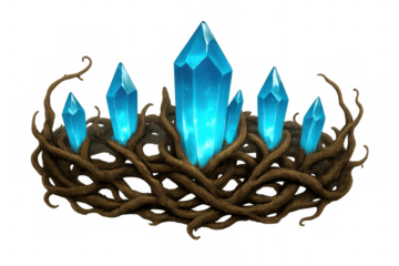 Glowing blue crystals growing from intertwining fantasy roots, isolated on transparent background, magical nature design element